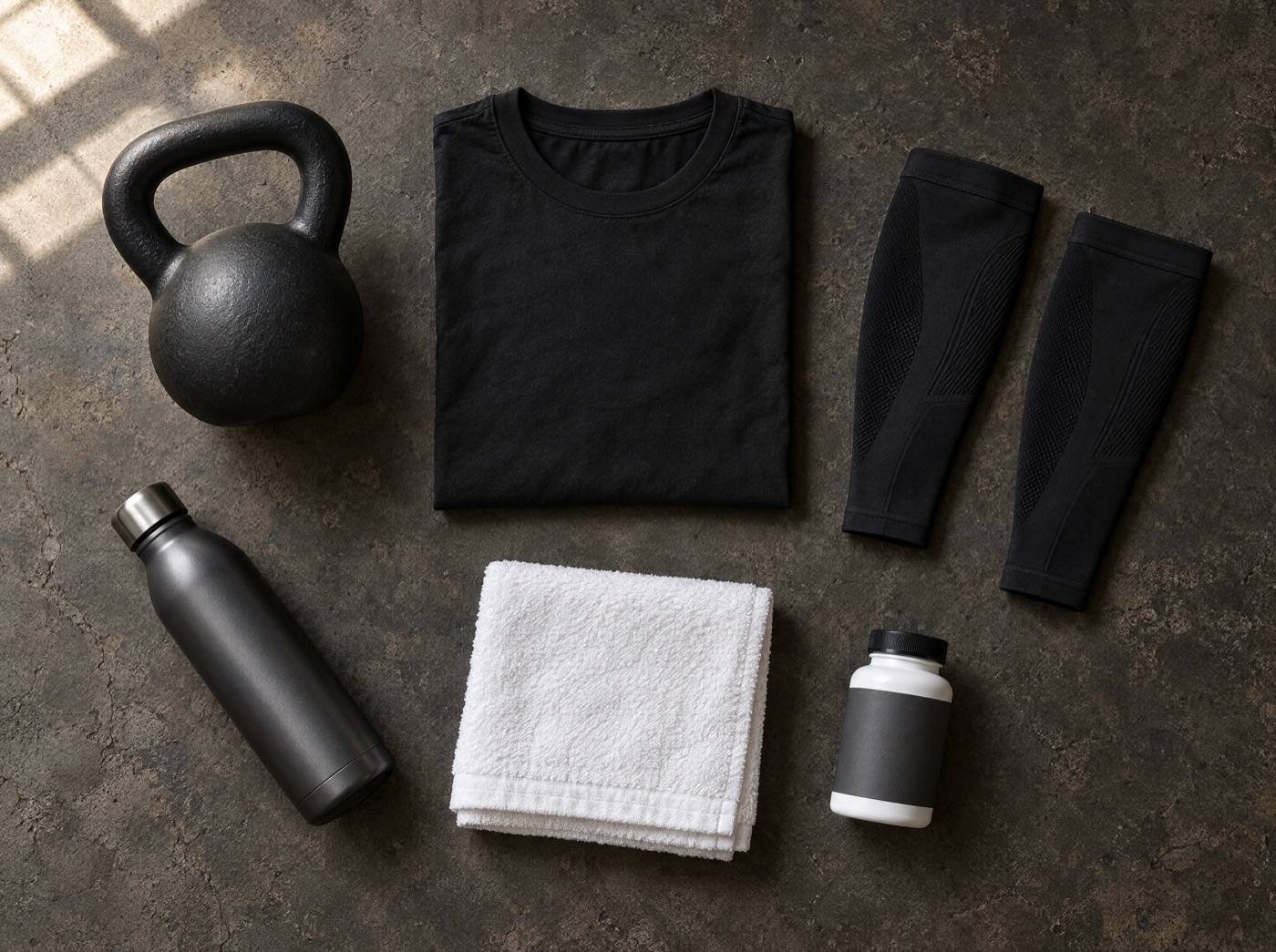 Kettlebell, black tee, calf sleeves, water bottle and a supplement bottle laid out on a concrete floor